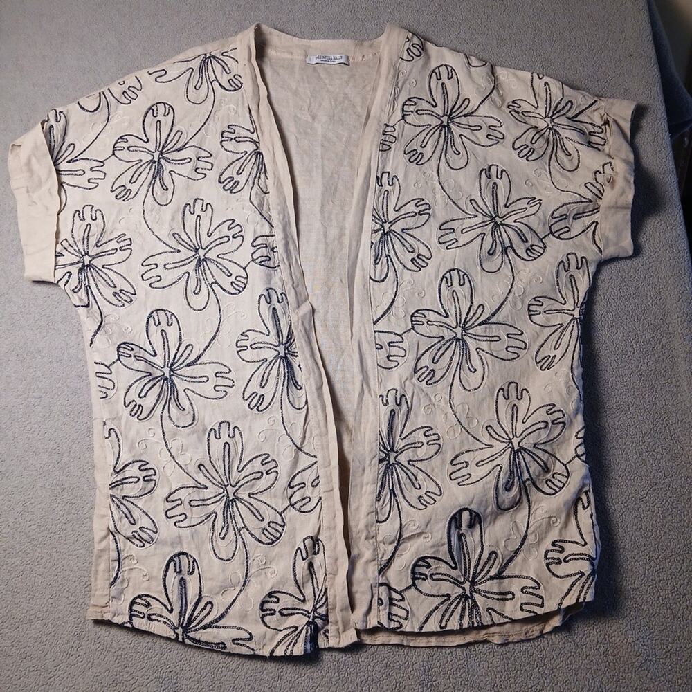 Valentina Naldi 100% Linen Open Cardigan Beige With Navy Embroidered Flowers...